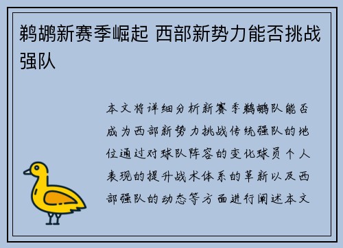 鹈鹕新赛季崛起 西部新势力能否挑战强队